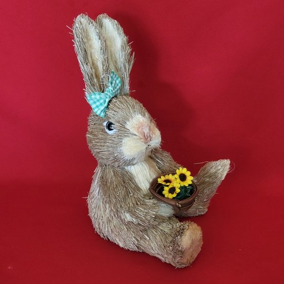 Sisal Bunny Rabbit Holding a Basket of Sunflowers Green Ribbon Decor Figure East - Picture 7 of 13